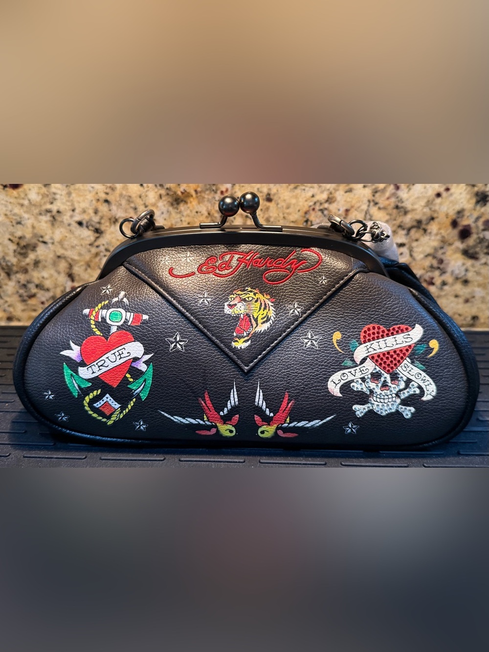 NWT Ed Hardy Love Kills Slowly Black Kisslock
Handbag Frame Purse Skull